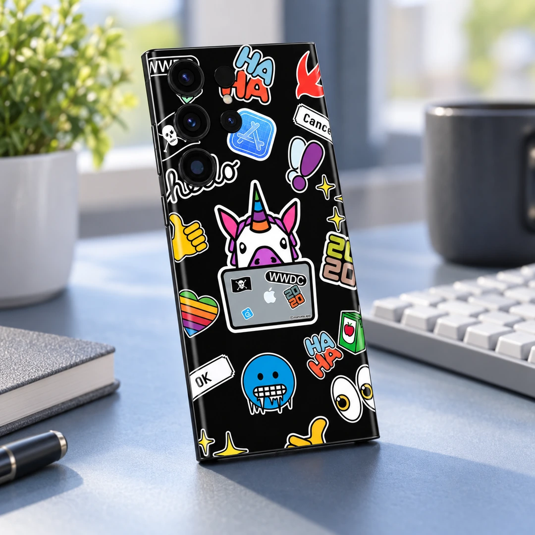 Unicorn Social Sticker Pattern Mobile Skin - Creator Desk Rear Angle Unicorn Social Sticker Pattern Mobile Skin shown in creator desk rear angle