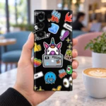 Unicorn Social Sticker Pattern Mobile Skin shown in cafe handheld view