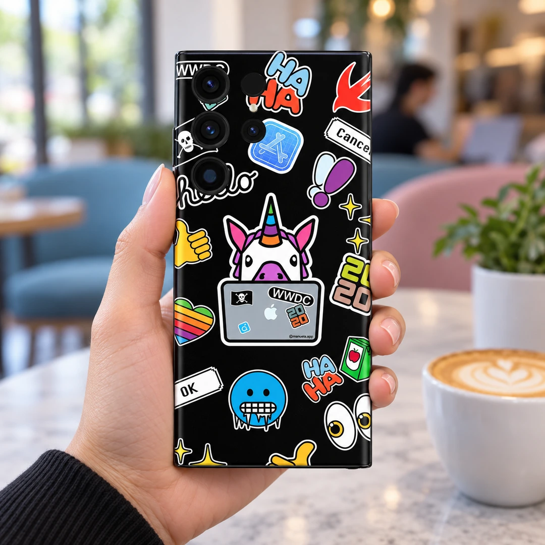 Unicorn Social Sticker Pattern Mobile Skin - Cafe Handheld View Unicorn Social Sticker Pattern Mobile Skin shown in cafe handheld view