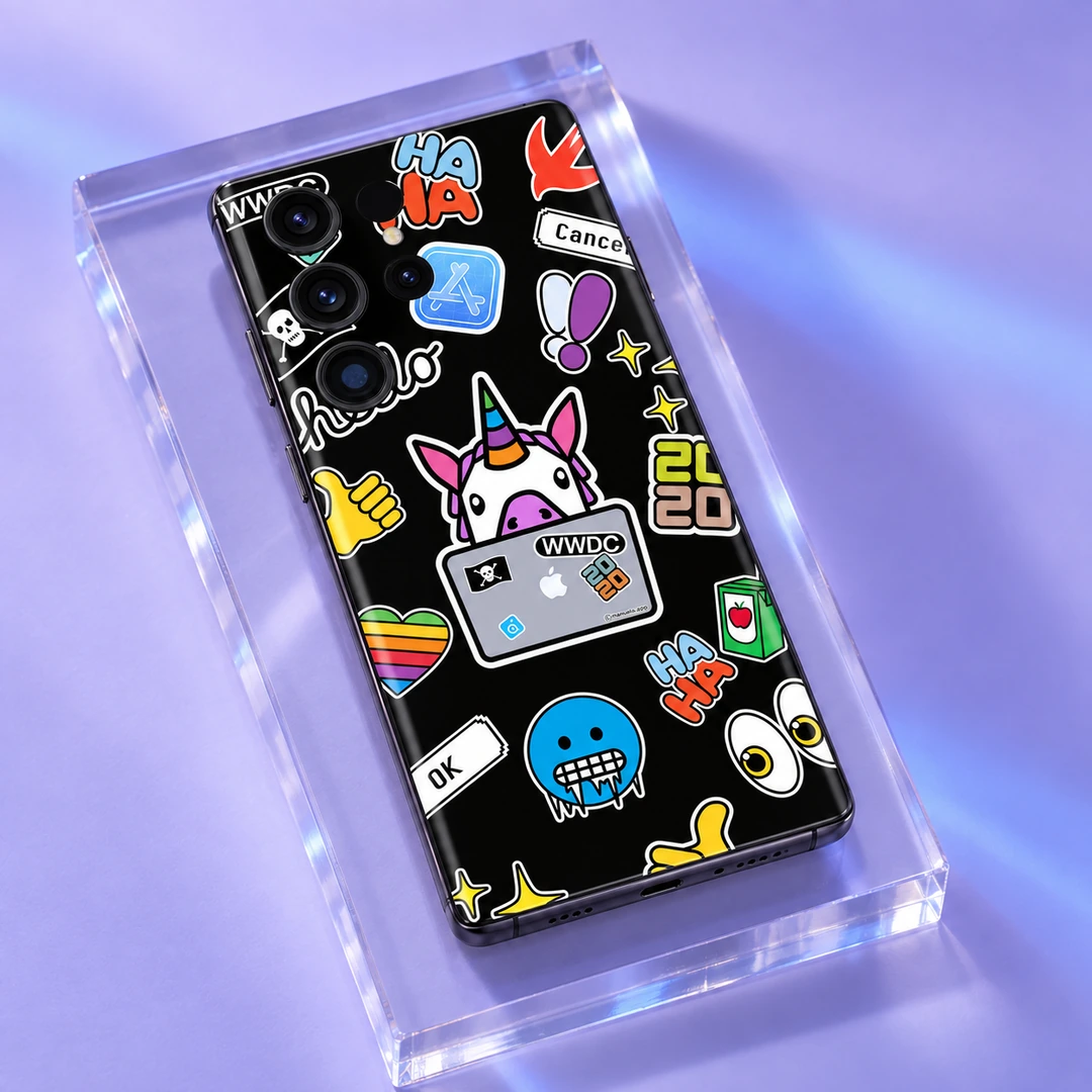 Unicorn Social Sticker Pattern Mobile Skin - Lavender Acrylic Detail Unicorn Social Sticker Pattern Mobile Skin shown in lavender acrylic detail