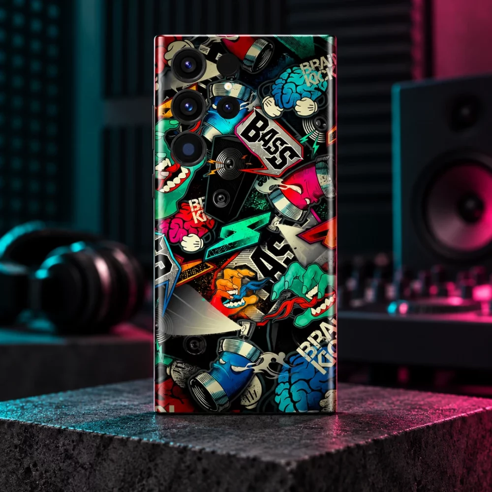 Urban Style mobile skin with colorful BASS music collage, music studio hero