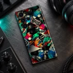 Urban Style mobile skin with colorful BASS music collage, urban desk flat lay