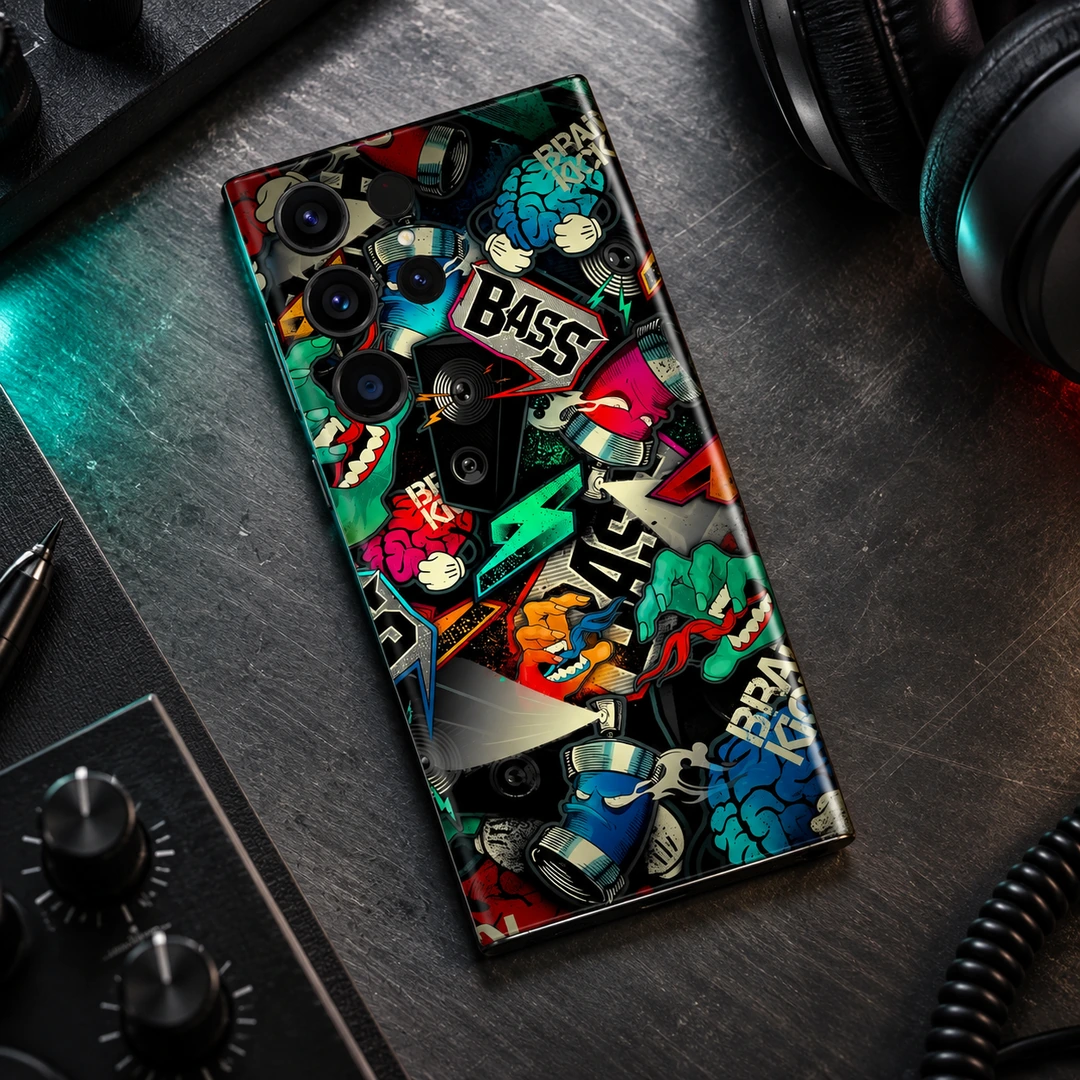 Urban Style BASS Pattern Mobile Skin - Urban Desk Flat Lay Urban Style mobile skin with colorful BASS music collage, urban desk flat lay