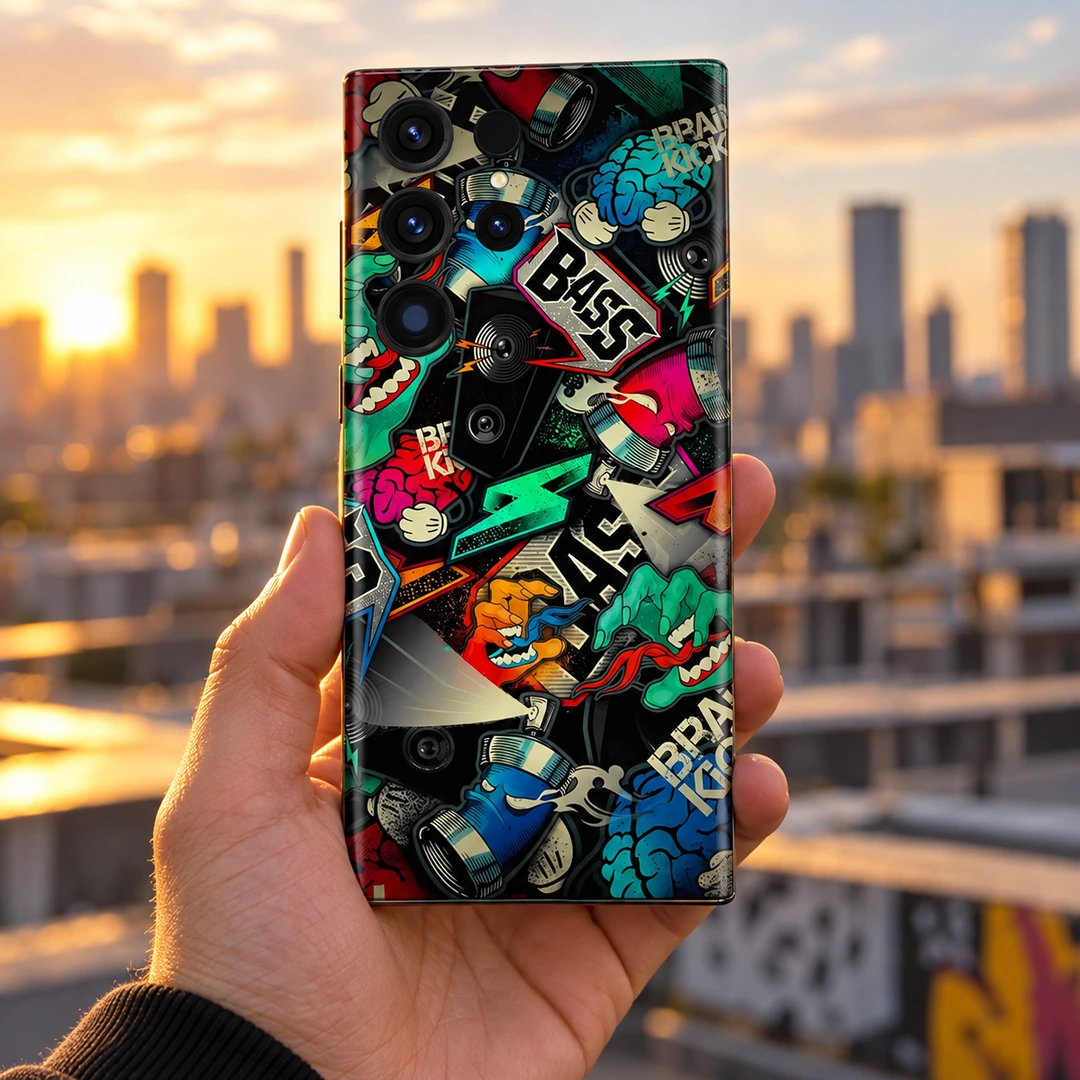 Urban Style BASS Pattern Mobile Skin - City Rooftop Lifestyle Urban Style mobile skin with colorful BASS music collage, city rooftop lifestyle