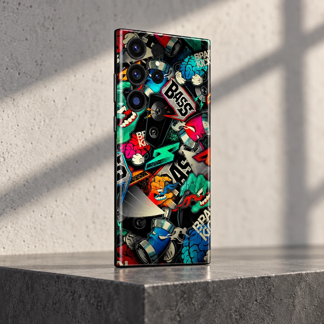Urban Style BASS Pattern Mobile Skin - Concrete Studio Angle Urban Style mobile skin with colorful BASS music collage, concrete studio angle