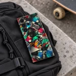 Urban Style mobile skin with colorful BASS music collage, streetwear backpack detail
