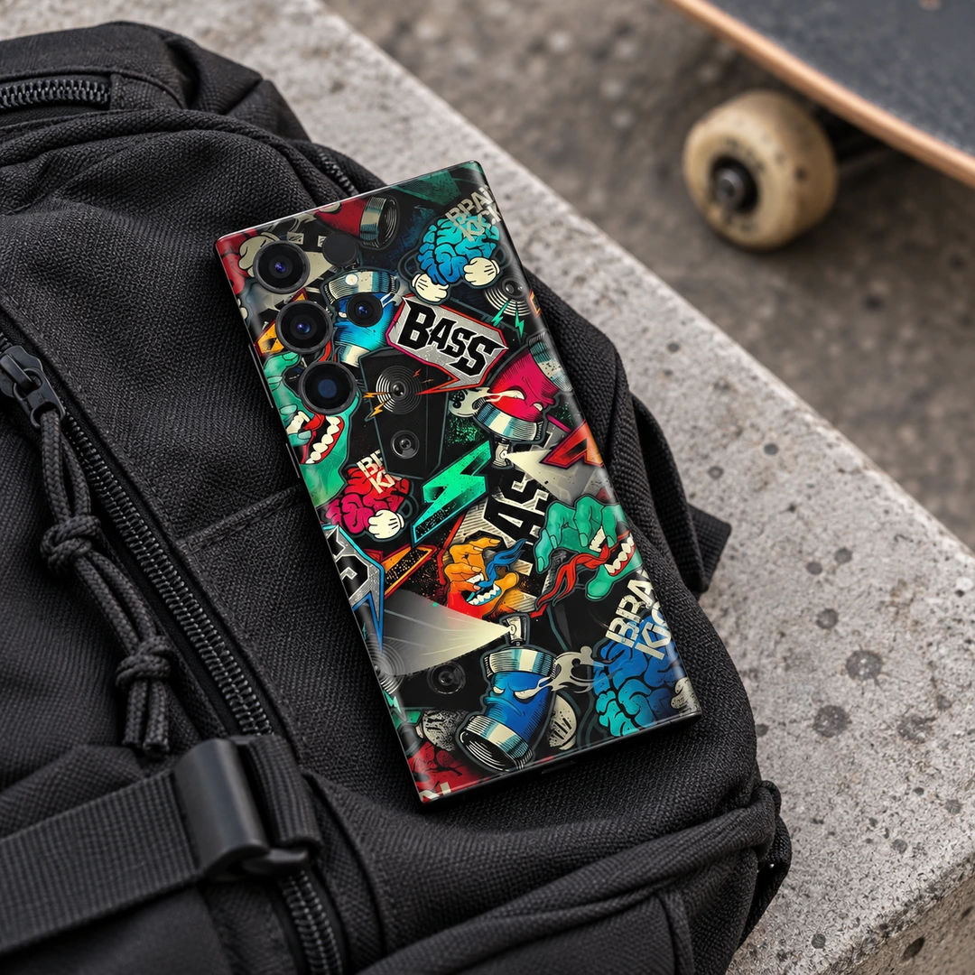 Urban Style BASS Pattern Mobile Skin - Streetwear Backpack Detail Urban Style mobile skin with colorful BASS music collage, streetwear backpack detail