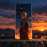 Uzumaki Naruto mobile skin with side-profile portrait and orange sunset, sunset stone hero view