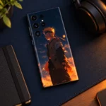 Uzumaki Naruto mobile skin with side-profile portrait and orange sunset, navy desk flat lay view