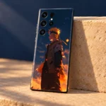 Uzumaki Naruto mobile skin with side-profile portrait and orange sunset, sandstone studio view