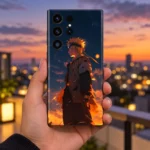 Uzumaki Naruto mobile skin with side-profile portrait and orange sunset, twilight handheld view