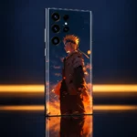Uzumaki Naruto mobile skin with side-profile portrait and orange sunset, amber reflective studio view