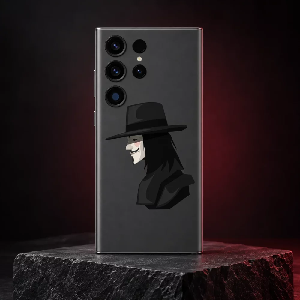 Charcoal V For Vendetta mobile skin with black hat and mask artwork, slate pedestal hero