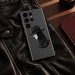 Charcoal V For Vendetta mobile skin with black hat and mask artwork, leather jacket flat lay