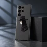 Charcoal V For Vendetta mobile skin with black hat and mask artwork, studio edge view