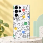 White vector doodle mobile skin with black dinosaur, bicycle and retro illustrations, pastel studio hero