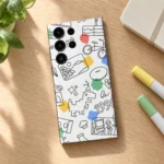 White vector doodle mobile skin with black dinosaur, bicycle and retro illustrations, creative desk flat lay