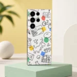 White vector doodle mobile skin with black dinosaur, bicycle and retro illustrations, mint studio angle