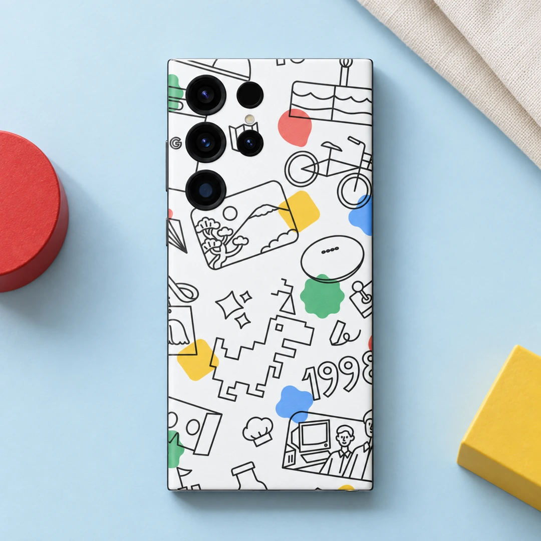 Vector Doodle Mobile Skin - Blue Tabletop Detail White vector doodle mobile skin with black dinosaur, bicycle and retro illustrations, blue tabletop detail