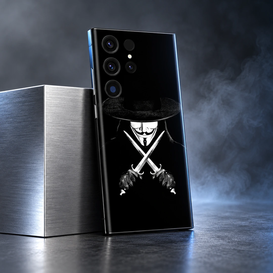 Vendetta Mask Mobile Skin - Brushed Steel Rear Angle Vendetta Mask Mobile Skin shown in brushed steel rear angle