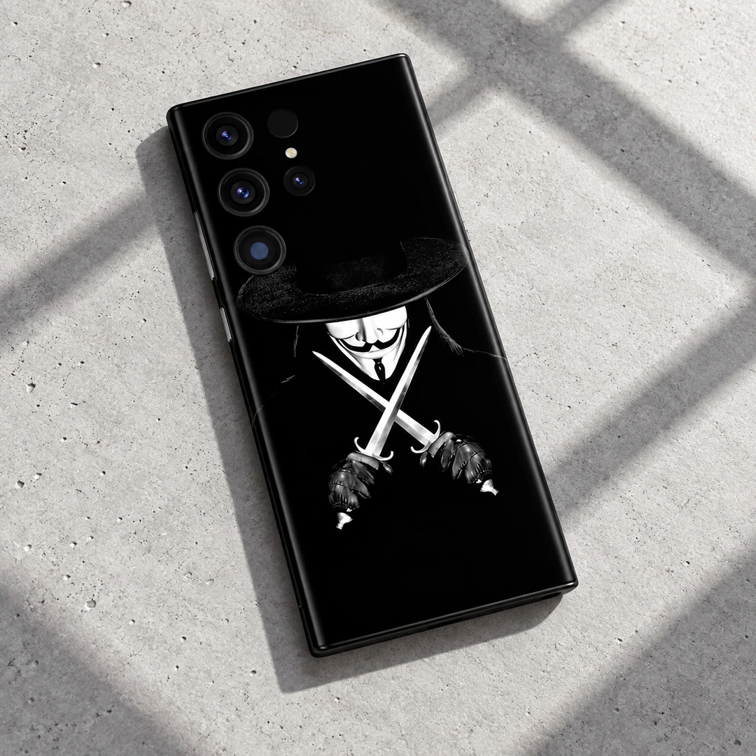 Vendetta Mask Mobile Skin - Daylight Concrete Flat Lay Vendetta Mask Mobile Skin shown in daylight concrete flat lay