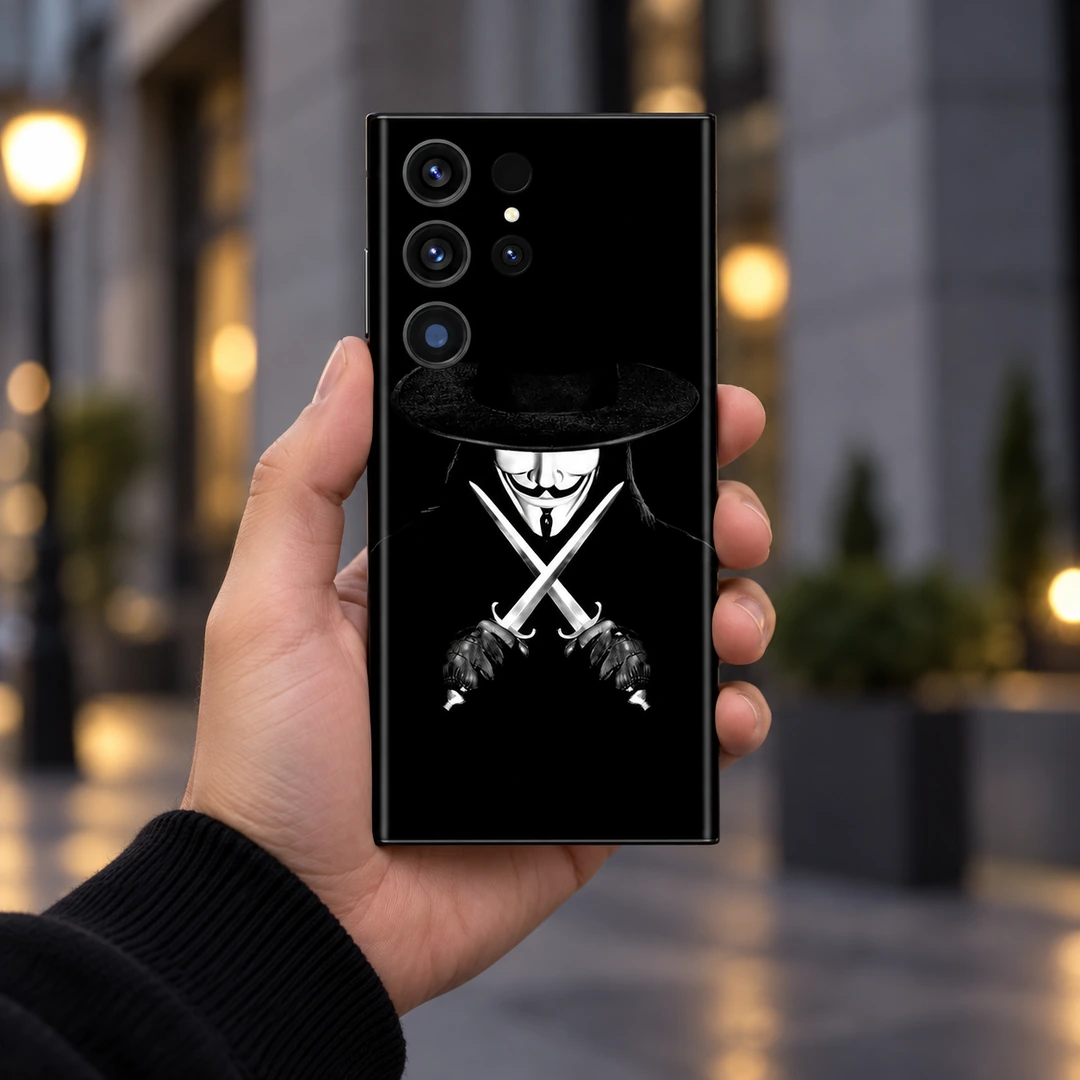 Vendetta Mask Mobile Skin - Urban Handheld View Vendetta Mask Mobile Skin shown in urban handheld view