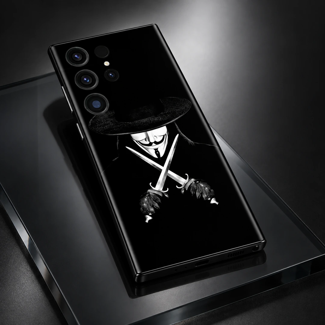 Vendetta Mask Mobile Skin - Smoked Glass Detail Vendetta Mask Mobile Skin shown in smoked glass detail