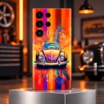 Colorful vintage car mobile skin with orange abstract background, garage hero