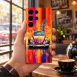 Colorful vintage car mobile skin with orange abstract background, handheld cafe view