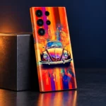 Colorful vintage car mobile skin with orange abstract background, studio angle