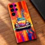 Colorful vintage car mobile skin with orange abstract background, vintage car artwork detail