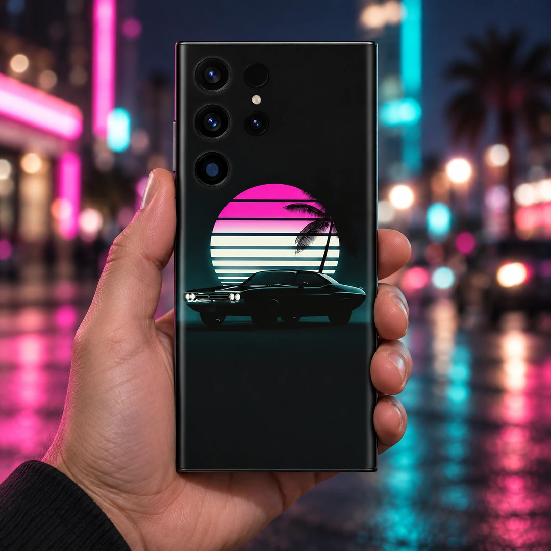 Vintage Car Retro Sunset Mobile Skin – night city handheld view Black vintage car mobile skin with pink striped sunset and palm artwork, night city handheld view