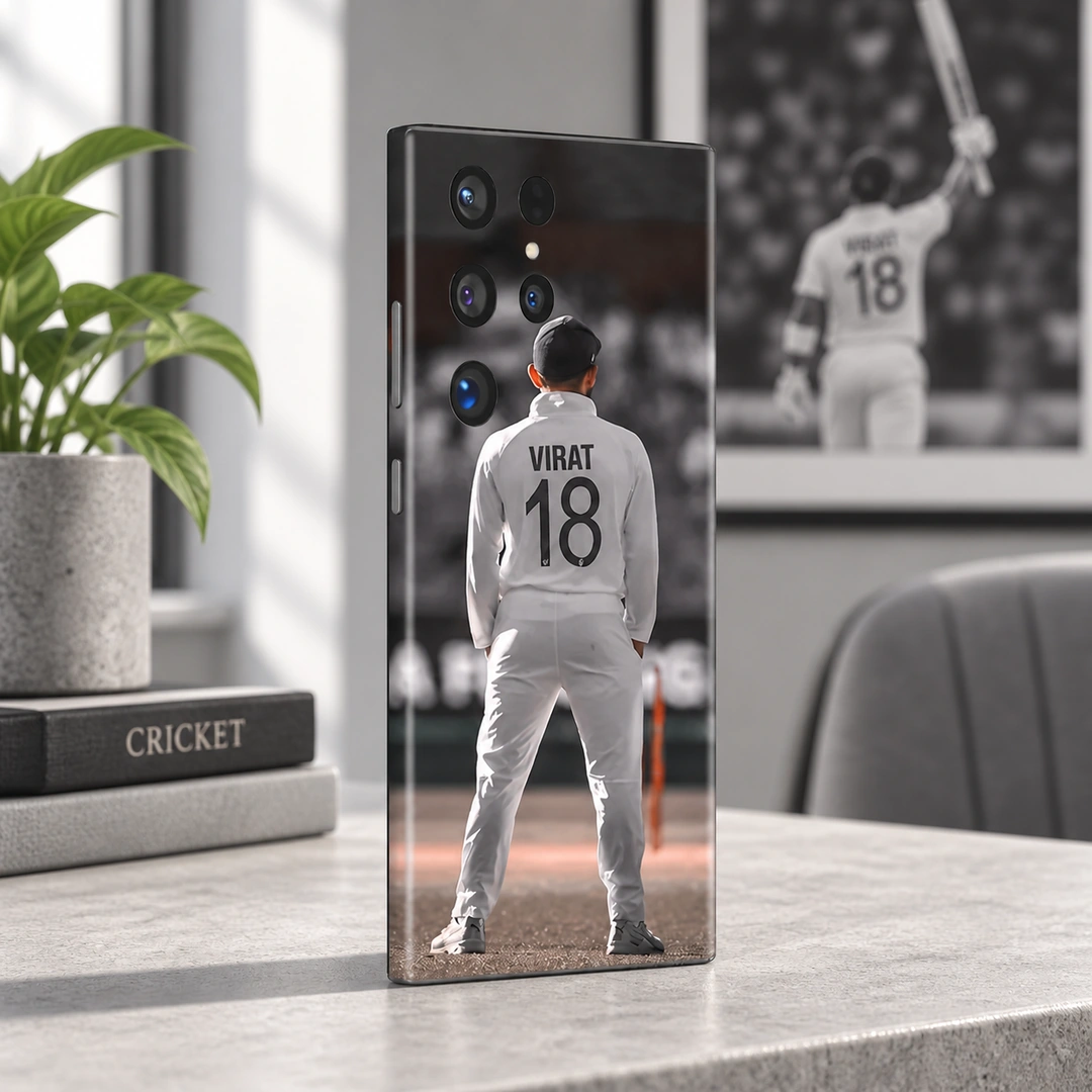 Virat 18 Test Cricket Mobile Skin - Fan study angle Virat Kohli mobile skin showing VIRAT 18 on a white Test jersey, fan study angle