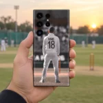 Virat Kohli mobile skin showing VIRAT 18 on a white Test jersey, practice field hand-held view