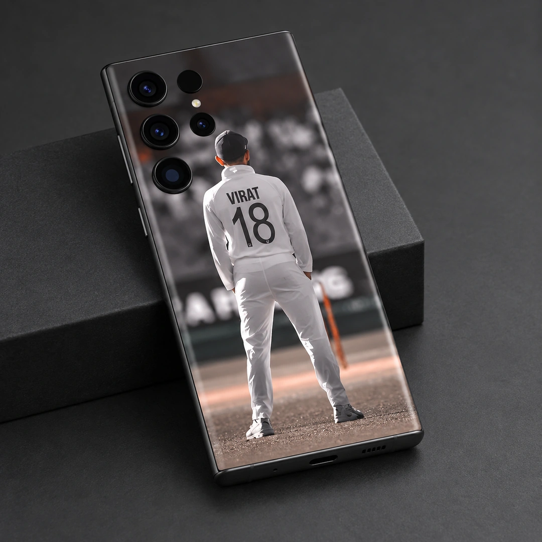 Virat 18 Test Cricket Mobile Skin - Graphite studio detail Virat Kohli mobile skin showing VIRAT 18 on a white Test jersey, graphite studio detail