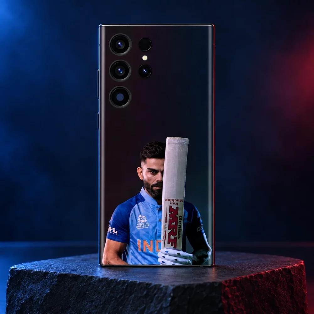 Virat Kohli mobile skin showing his blue-jersey portrait behind an upright bat, blue and crimson studio hero