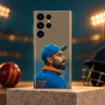 Virat Kohli mobile skin with blue cap portrait and VIRAT lettering in stadium hero view