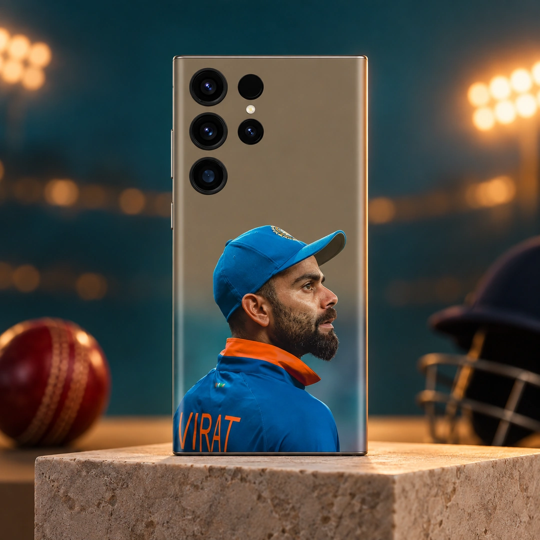 Virat Kohli Blue Cap Portrait Mobile Skin – stadium hero Virat Kohli mobile skin with blue cap portrait and VIRAT lettering in stadium hero view