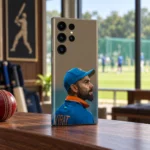 Virat Kohli mobile skin with blue cap portrait and VIRAT lettering in clubhouse shelf view
