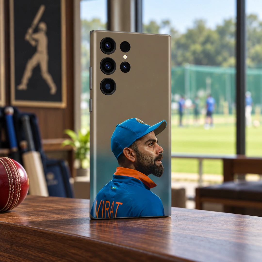 Virat Kohli Blue Cap Portrait Mobile Skin – clubhouse shelf Virat Kohli mobile skin with blue cap portrait and VIRAT lettering in clubhouse shelf view