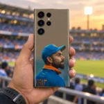 Virat Kohli mobile skin with blue cap portrait and VIRAT lettering in stadium handheld view