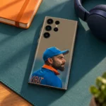 Virat Kohli mobile skin with blue cap portrait and VIRAT lettering in teal workspace view
