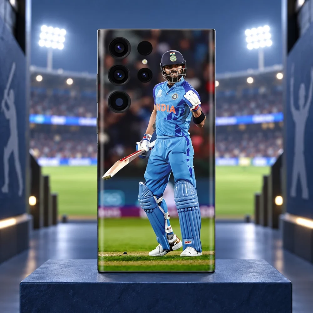 Virat Kohli Blue India Celebration Mobile Skin, stadium tunnel hero with raised gloved fist and cricket bat