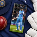Virat Kohli Blue India Celebration Mobile Skin, cricket kit flat lay with raised gloved fist and cricket bat