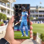 Virat Kohli Blue India Celebration Mobile Skin, pavilion handheld view with raised gloved fist and cricket bat