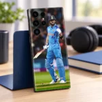 Virat Kohli Blue India Celebration Mobile Skin, fan desk view with raised gloved fist and cricket bat