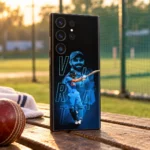 Virat Kohli mobile skin with blue portrait, batting pose and VIRAT outline lettering, practice-ground bench