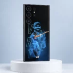 Virat Kohli mobile skin with blue portrait, batting pose and VIRAT outline lettering, light studio