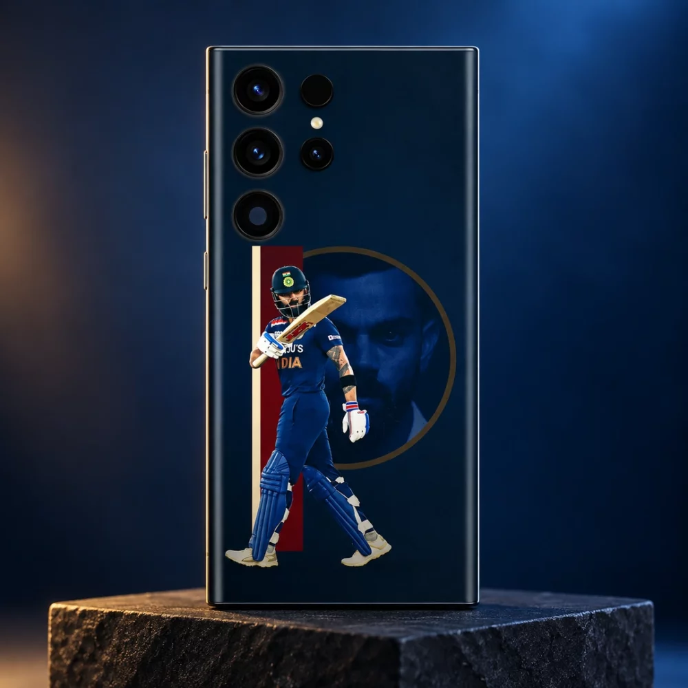 Virat Kohli navy batting montage mobile skin, blue studio hero