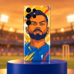 Virat Kohli illustrated mobile skin in orange and blue, cobalt pedestal hero